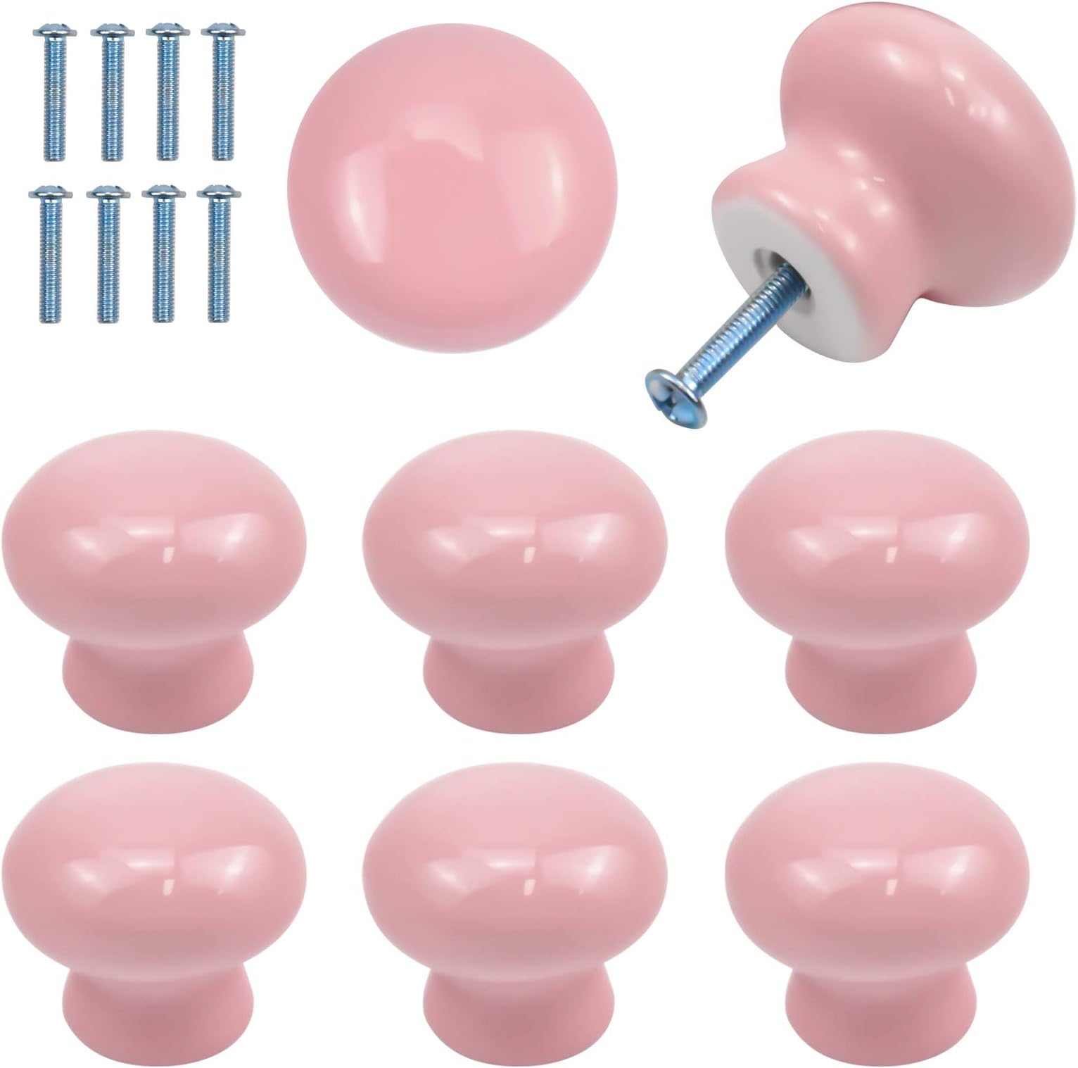 8 Pack Door Knobs for Kids, 35mm Round Cabinet Knobs, Pink Ceramic Cupboard Handles and Knobs, Furniture Pull Handles with Screws for Drawer, Wardrobes, Interior Doors, Kitchen ,Living Room (Pink)