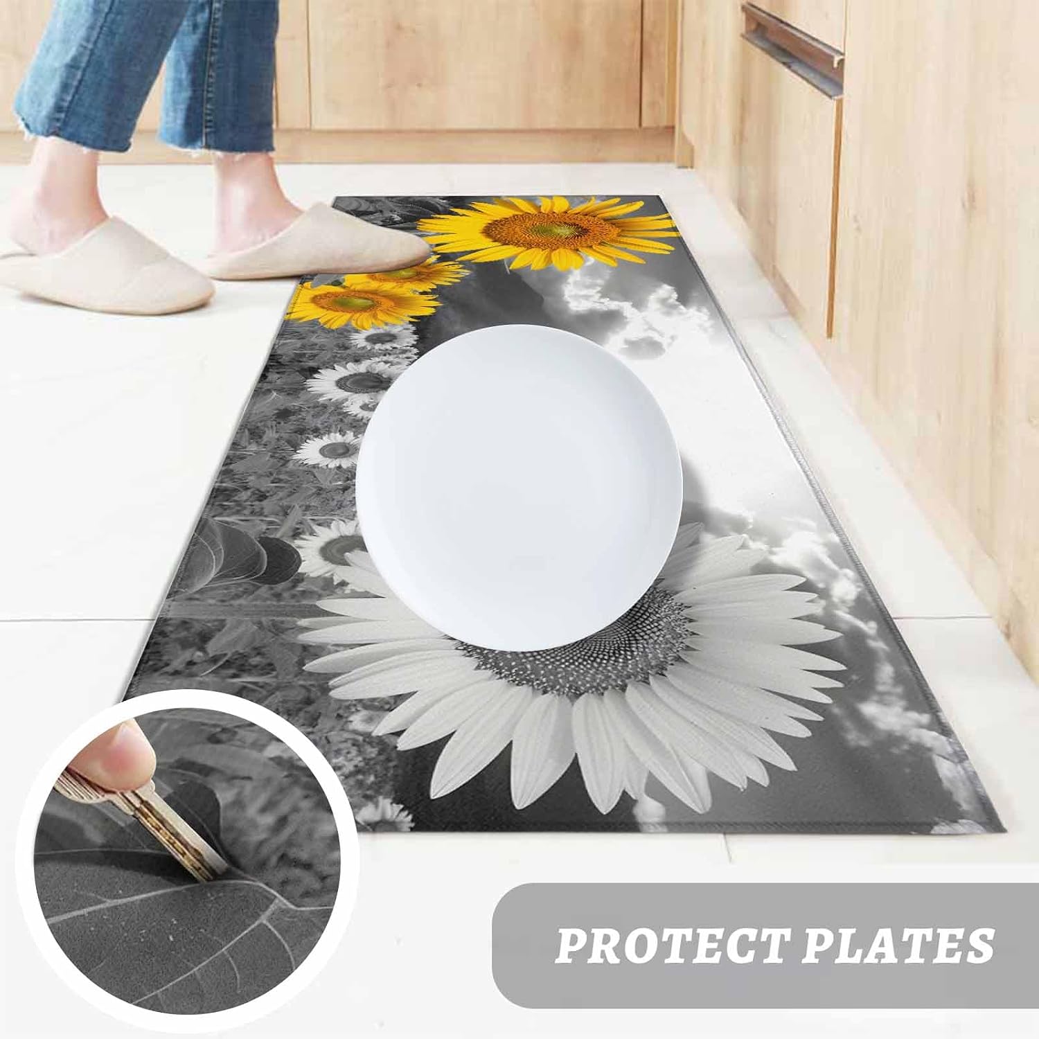 Kitchen Mats for Floor Yellow Sunflower Field Washable Non Slip Kitchen Rugs 1PCS, Modern Grey Floral Partial Color Art Absorbent Standing Mats for Sink Bathroom Office Living Room 23.6x70.9in