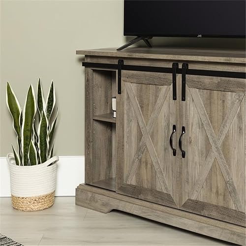 Miniatura 3 de Pemberly Row Soporte esquinero de madera para TV de hasta 52 pulgadas con puertas corredizas de granero, 3 estantes ajustables, puertos de gestión