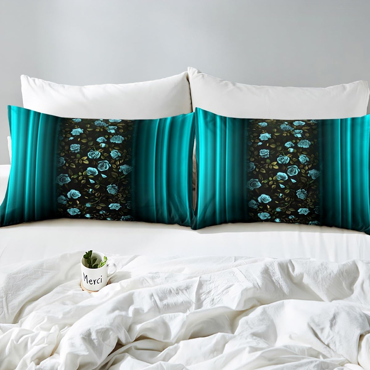 Feelyou Floral Bedding Set Ombre Teal Rose Teens Comforter for Kids Boys Girls Teal Rose Flower Decor Comforter Set Romantic Modern Quilt Set 3Pcs Queen Size