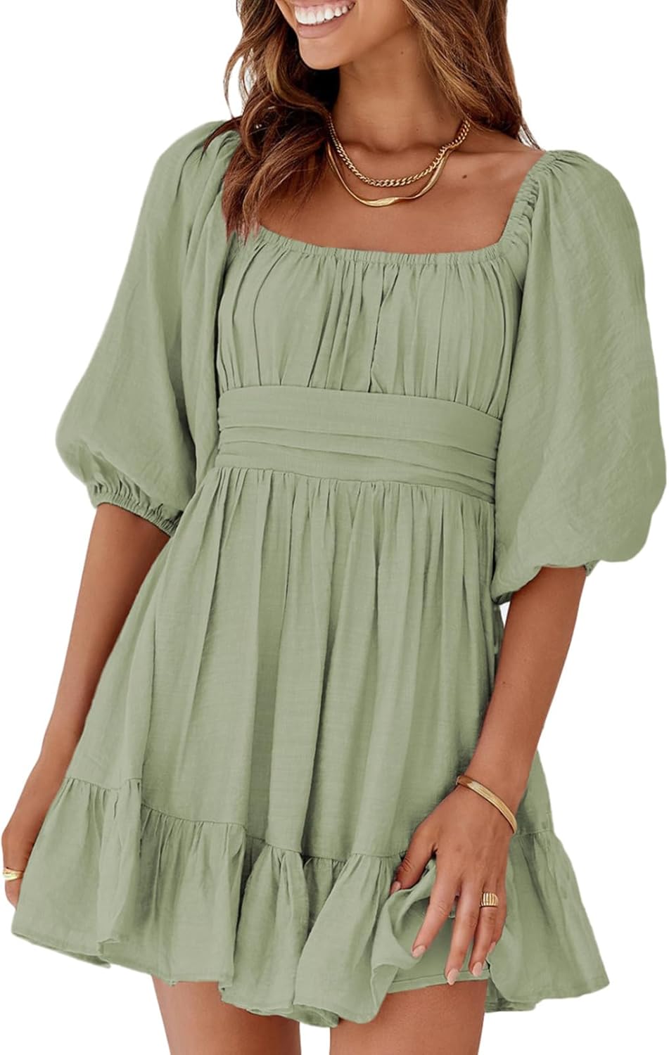 Dokotoo Womens Summer Dresses Square Neck Tie Back Lantern Sleeve Ruffle A-Line Casual Dress