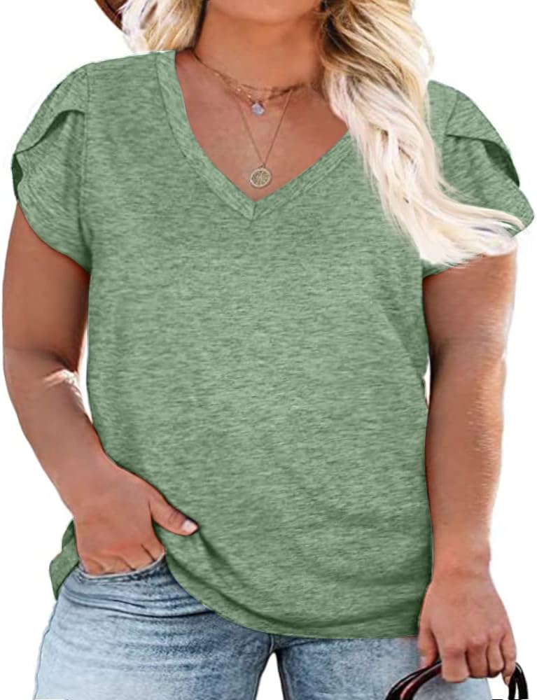 Womens Plus Size Tops V Neck T Shirts Casual Loose Petal Sleeve Tee Shirts
