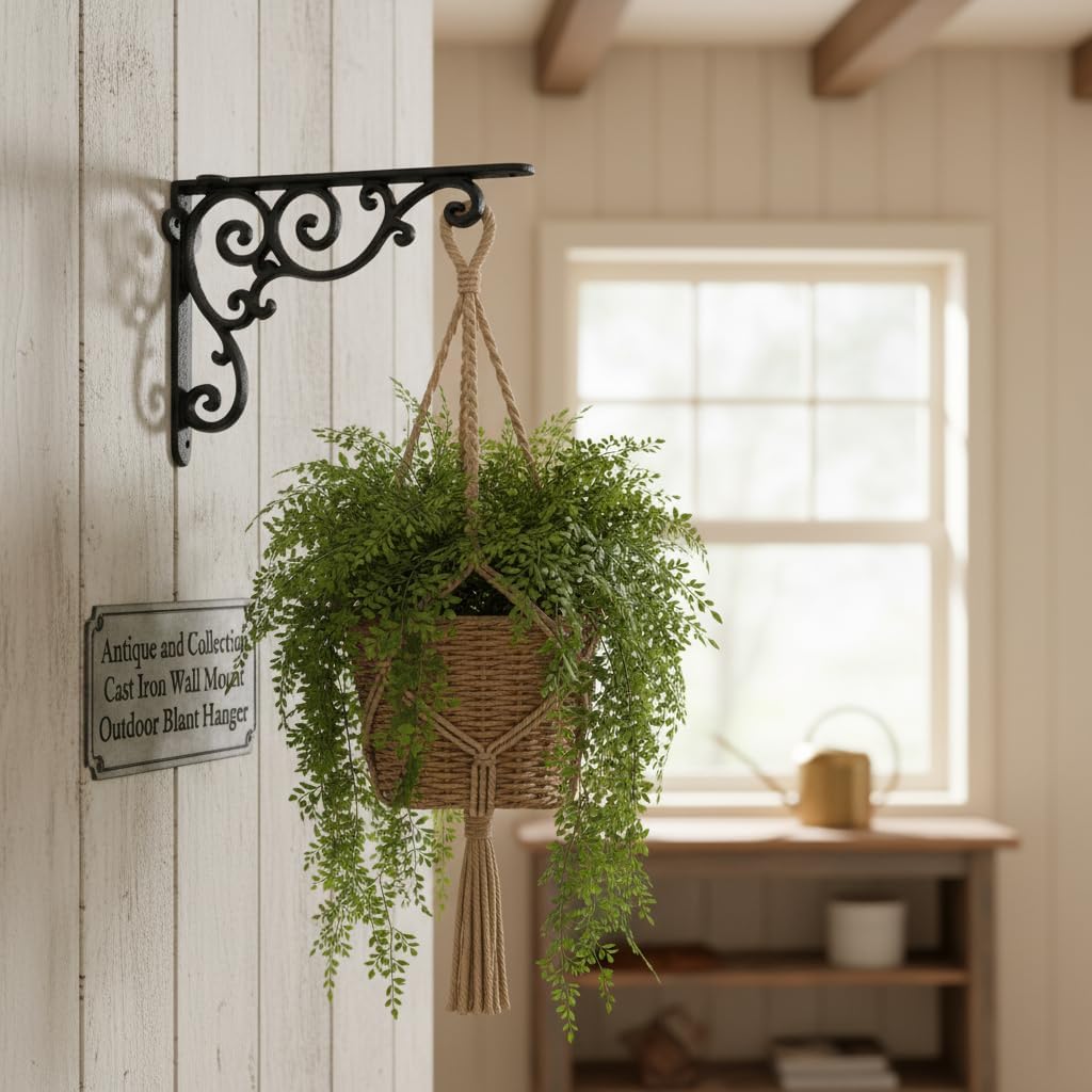 Comfy Hour 9.25" Decorative Plant Wall Hanger, Heavy Duty Cast Iron Outdoor Plant Hook for Hanging Baskets, Vintage Scroll Wall Mount Bracket for Bird Feeder, Lantern, Wind Chimes, Black, 1 Pack