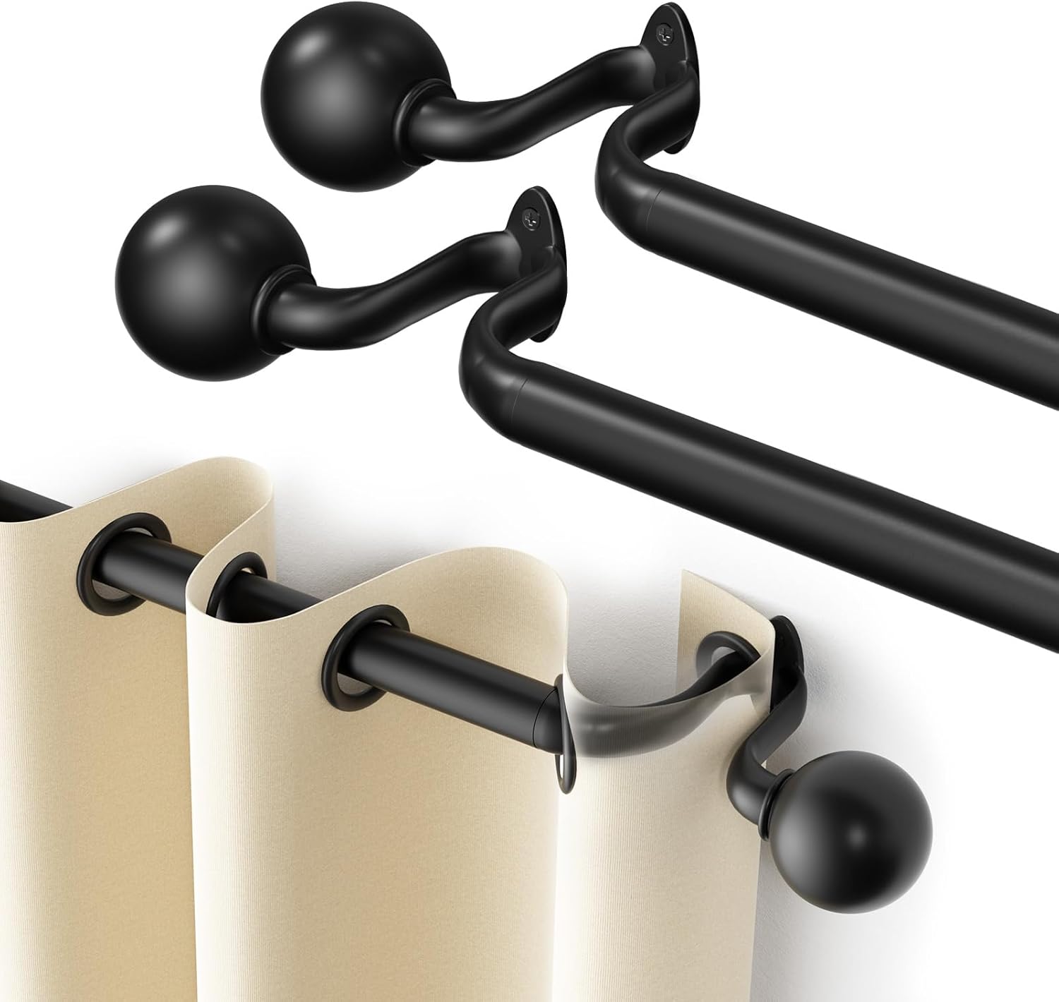 2Pack Curtain Rods for Windows 48 to 84 inch, 1inch Decorative Blackout Wrap Around Curtain Rod Set,Matte Black Splicing Heavy Duty Metal Curtain Rod with Brackets