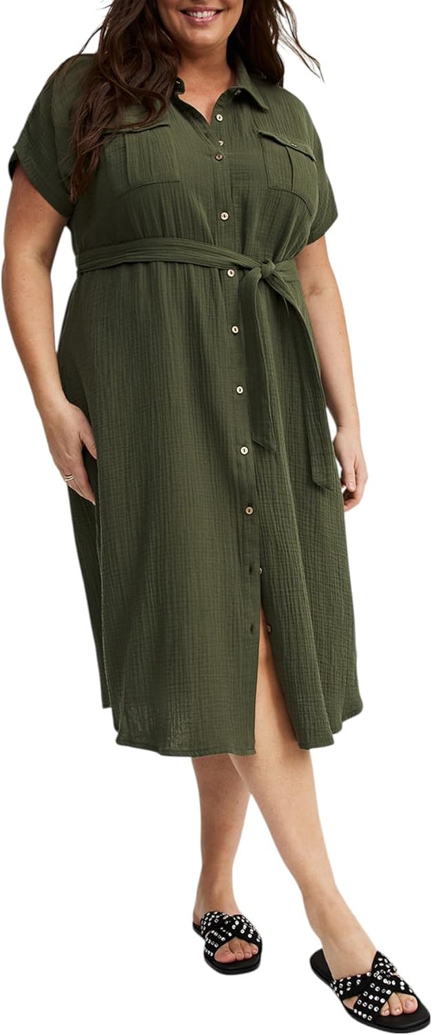 Torrid Women's Plus Size Dress - Midi Double Pucker Gauze Shirt Dress