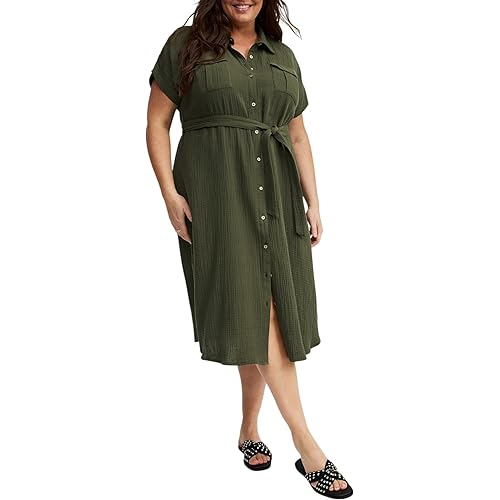Torrid Women's Plus Size Dress - Midi Double Pucker Gauze Shirt Dress