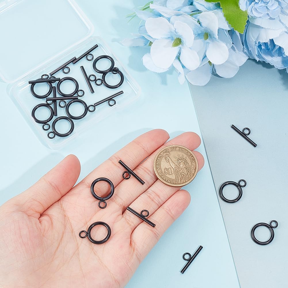 UNICRAFTALE 12 Sets Stainless Steel Toggle Clasps - Round IQ T-bar Closure for Necklace, Bracelet - Black Jewelry Connectors End Clasps for DIY Jewelry Making