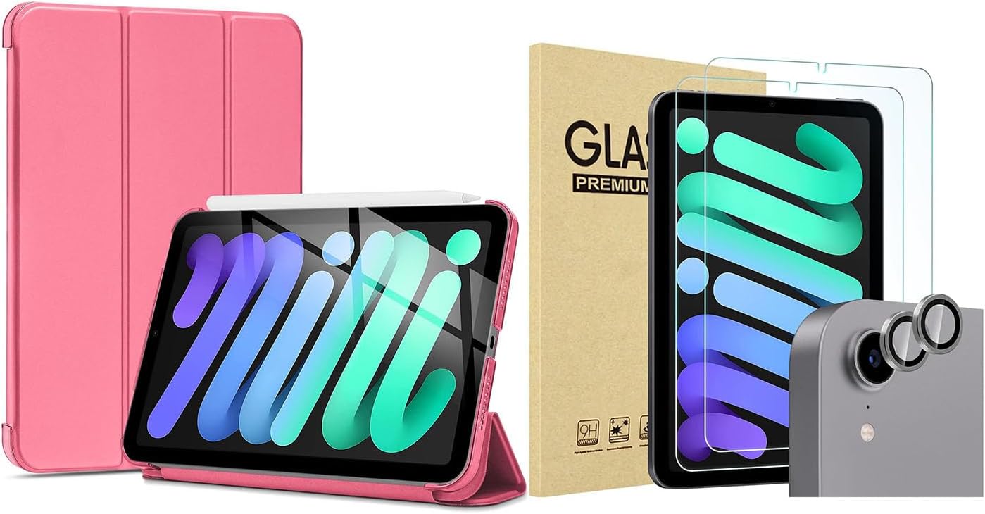 ProCase Smart Case for iPad mini 6 8.3 Inch 2021(Melonpink) Bundle with 2 Pack Screen Protector + 2 Pack Camera Lens Protector Matching iPad Colors(Gray)