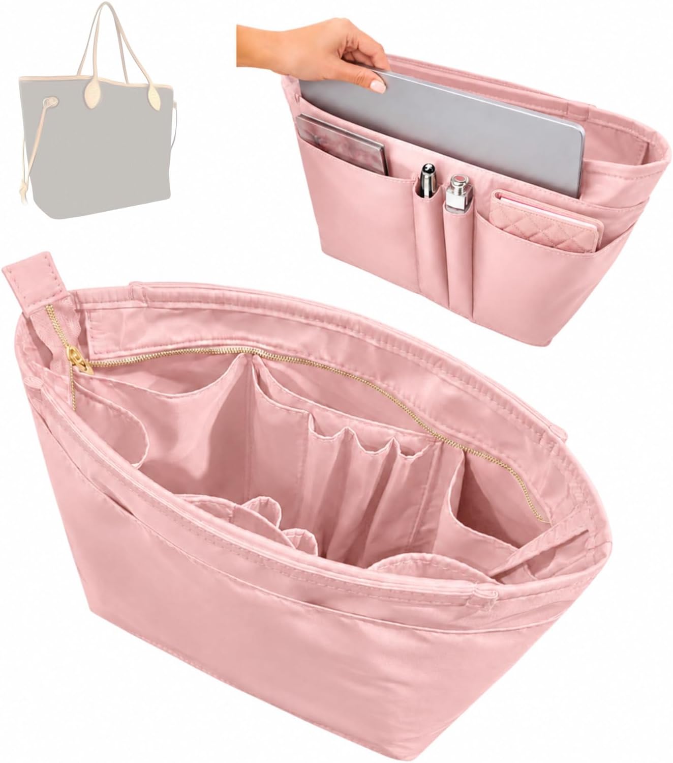 Divitize Waterproof Nylon Purse Organizer compatible with LV Neverfull Bag Insert — 16" Laptop Sleeve & 16 Pockets, Oval Shaped Liner, Secure Zipper Closure (Bubblegum, for Neverfull MM)