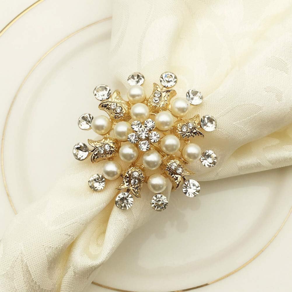 Gold Napkin Rings Set of 12 - Golden Rhinestone Pearl Snowflake Napkin Ring Holders for Wedding Party, Daily Gathering Holiday Casual & Formal Family Dinner Table Decoration