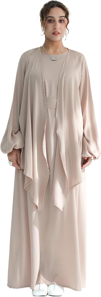 2PCS Muslim Abaya Dress for Women Smooth Satin Prayer Cardigan with Belt