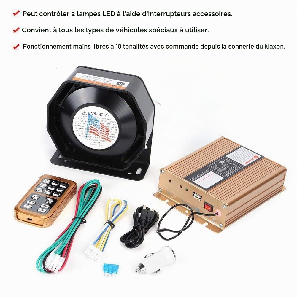 Alarme D'avertissement de Voiture, Yctze 12v Alarme D'avertissement de Voiture 18 Tons Haut-parleur de Sirène sans Fil Klaxon de Sécurité Mains Libres avec 2 Lumières LED