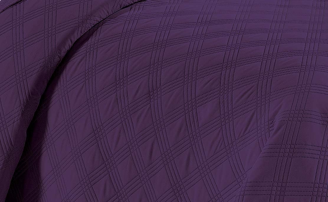 Fancy Linen 3pc Embossed Coverlet Bedspread Set Oversized Bed Cover Solid Modern Squared Pattern New # Jenni (King/California King, Purple)