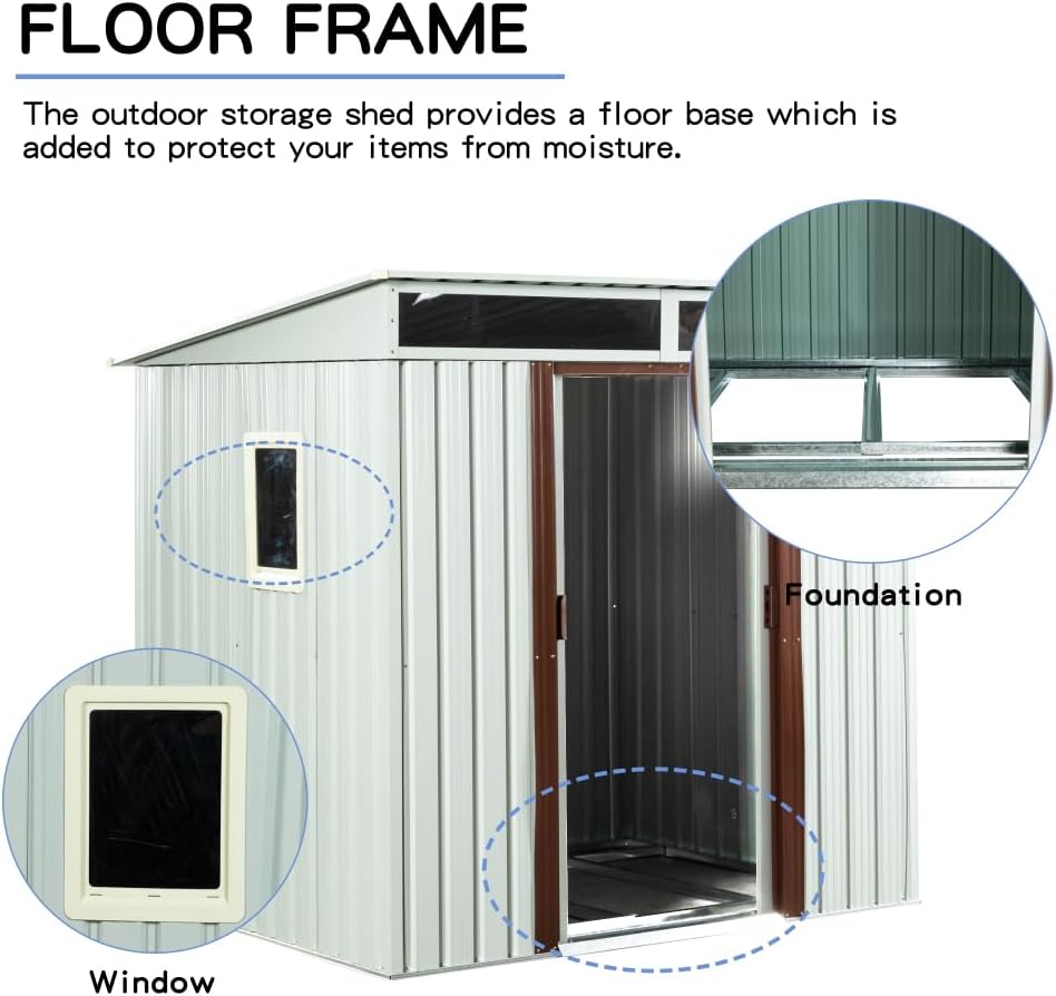 6ft x 5ft Outdoor Metal Storage Shed with Foundation Frame and Sliding Doors for Backyard Garden Patio Use – Coffee Color (White + Window)