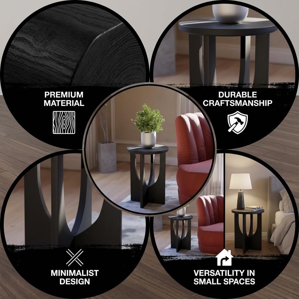 Stupa Solid Wood End Table – 22" Tall Round Side Table for Living Room or Bedroom, Handcrafted Accent Table in Distressed Black Finish, Easy Assembly, Modern Minimalist Design for Small Spaces