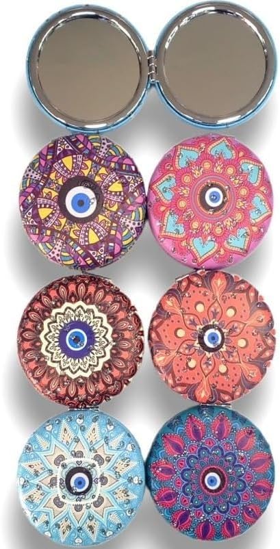 Otantik Mandala Tasarımlı Nazar Boncuklu Büyüteçli Kozmetik Yuvarlak Cep Çanta Aynası Kapaklı El Makyaj Aynası 7CM