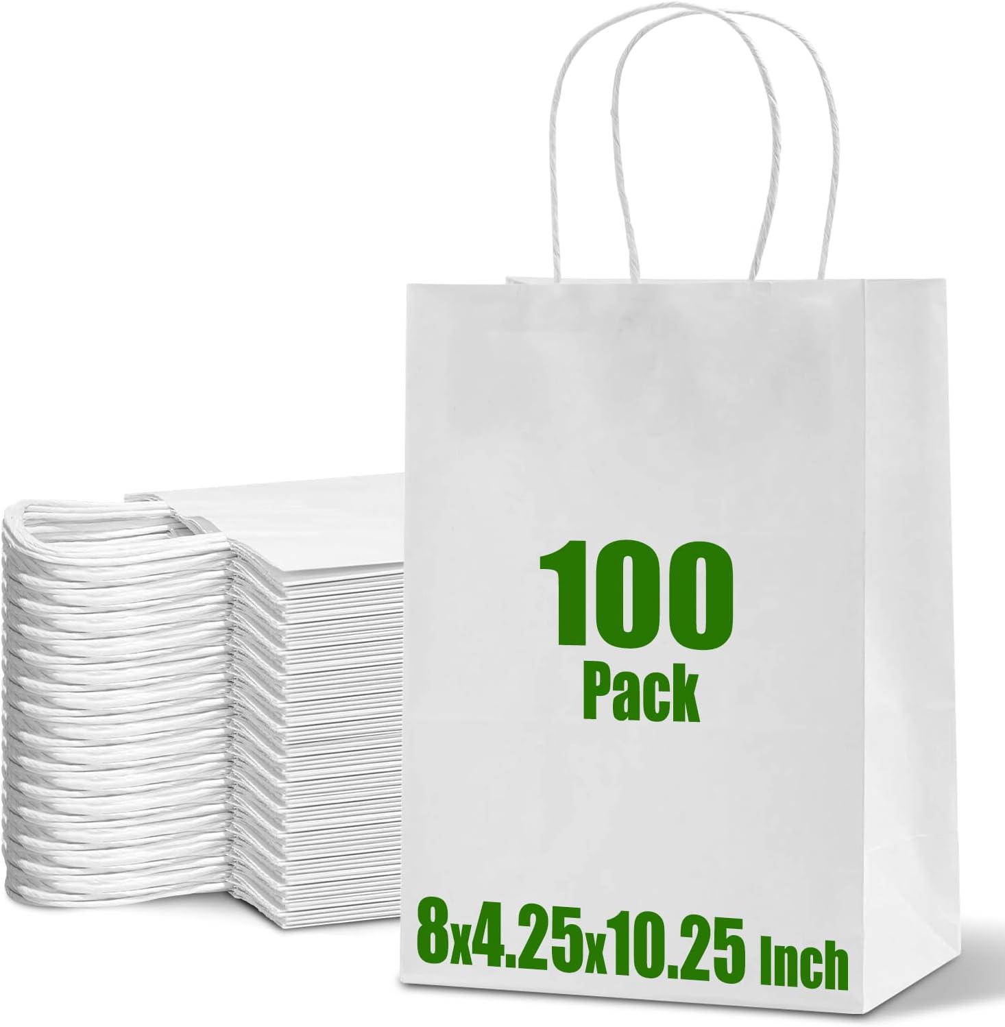 Ginkgo Medium White Gift Bags with Handles Bulk 8×4.25×10.25 Inch Paper Bags for Shopping Retail Grocery Sacks Birthday Party Favors Wedding Restaurant Takeout and Business (100 Pack)