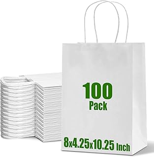 Ginkgo Medium White Gift Bags with Handles Bulk 8x4.25x10.25 Inch Paper Bags for Shopping Retail Grocery Sacks Birthday Party Favors Wedding Restaurant Takeout and Business (100 Pack)