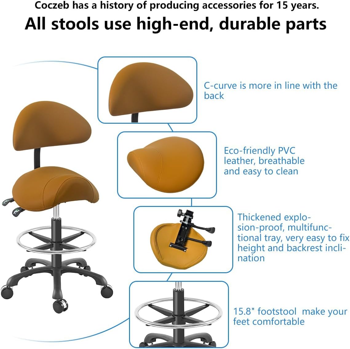 Ergonomic Adjustable Drafting Chair with Oversized Saddle Seat, Heavy-Duty Esthetician Stool for Salon Office Workshop Stool, Smooth Casters for Hard Soft Floors(with Backrest/Footrest,Bronw)
