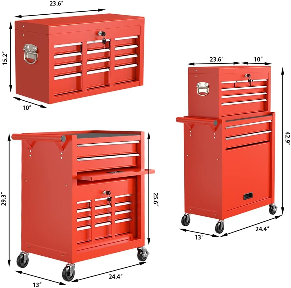On Shine 8-Drawer Rolling Tool Chest,Big Tool Chest and Tool Storage Cabinet,Tool Chest with 4 Wheels,Removable Portable Top Box with Lock Tool Chest for Garage and Warehouse (Red)