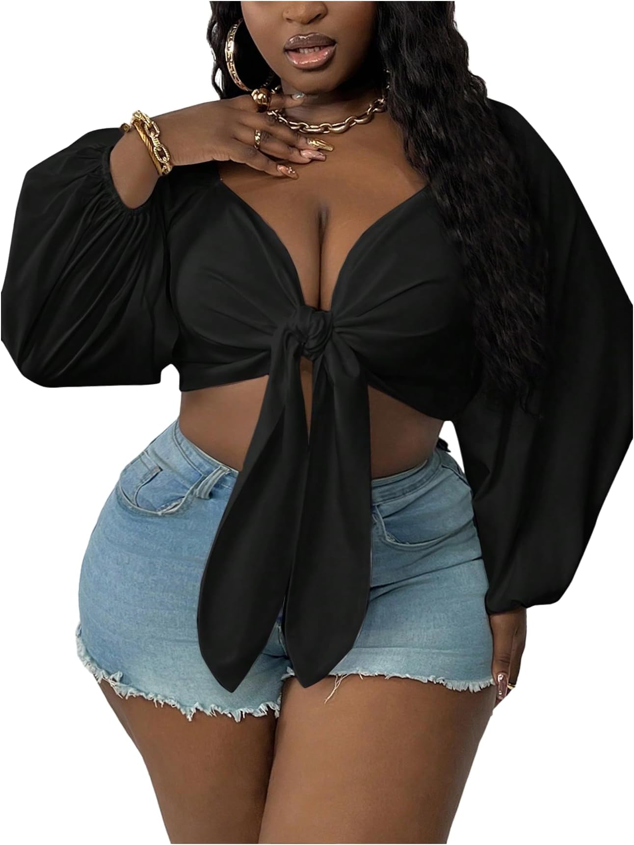 Women's Plus Size Sexy Deep V Neck Tie Front Long Sleeve Crop Tops Blouse