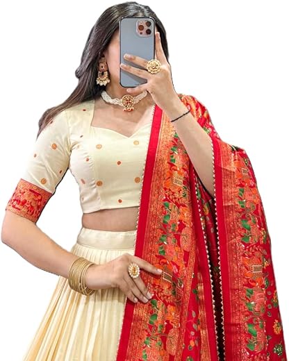 Cream Dolla Tusser Silk Lehenga Choli with Foil Print, Red Dupatta, 3 Mtr Flare, Semi-Stitched