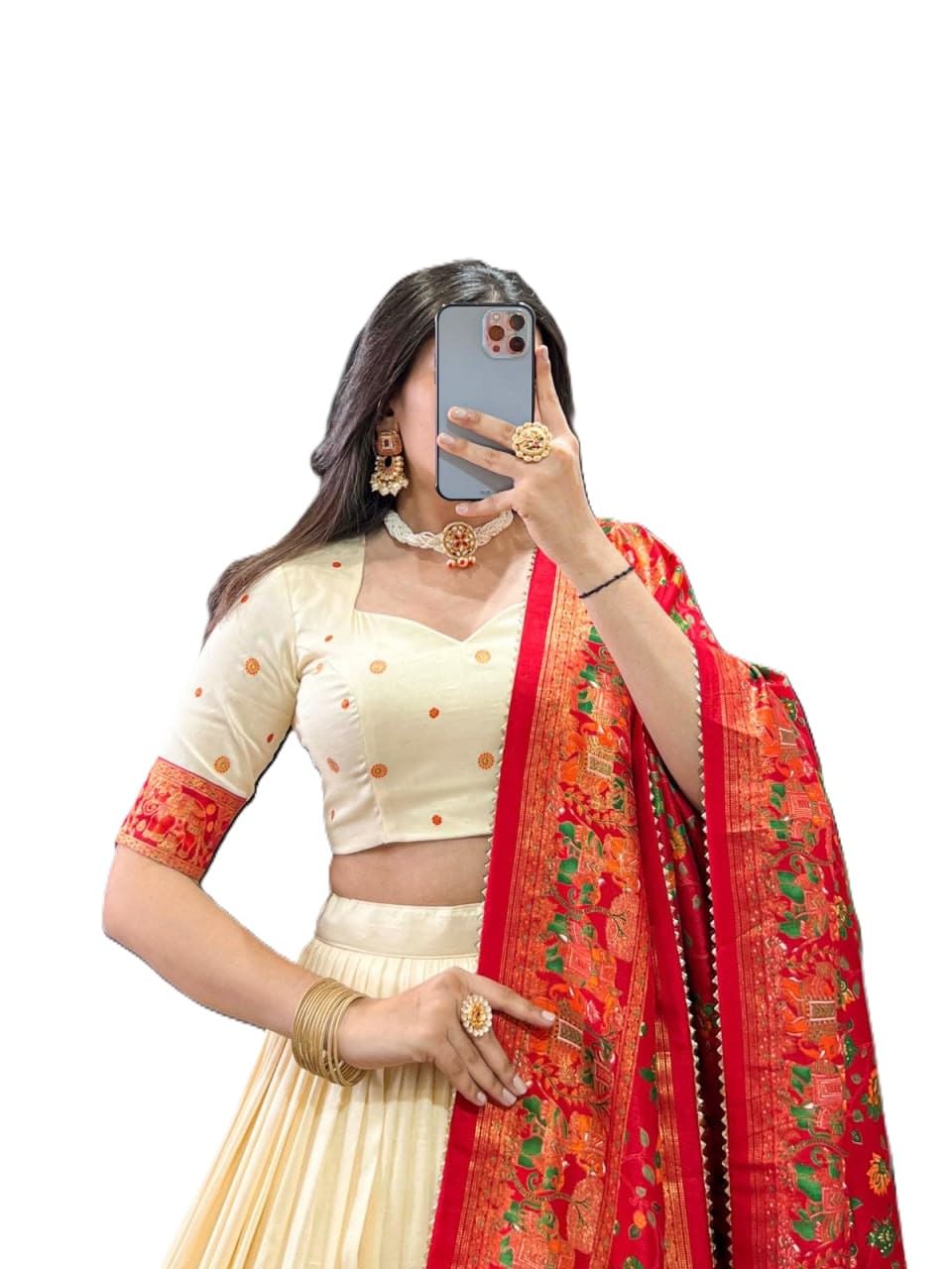 Cream Dolla Tusser Silk Lehenga Choli with Foil Print, Red Dupatta, 3 Mtr Flare, Semi-Stitched - Review, Price and Buying Guide