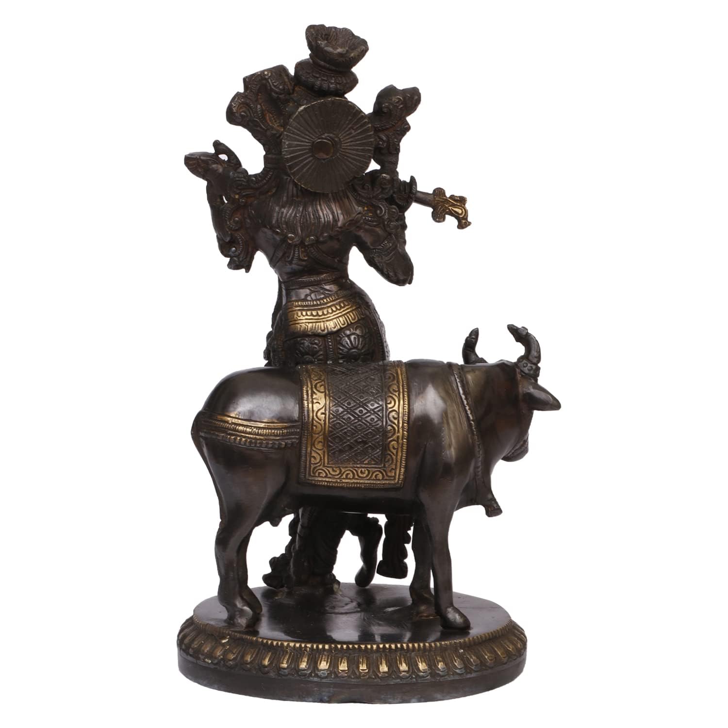 Krishna en laiton avec vache debout jouant de la flûte Statue Mandir Puja Bureau Décoration d'intérieur Cadeau 25,4 cm