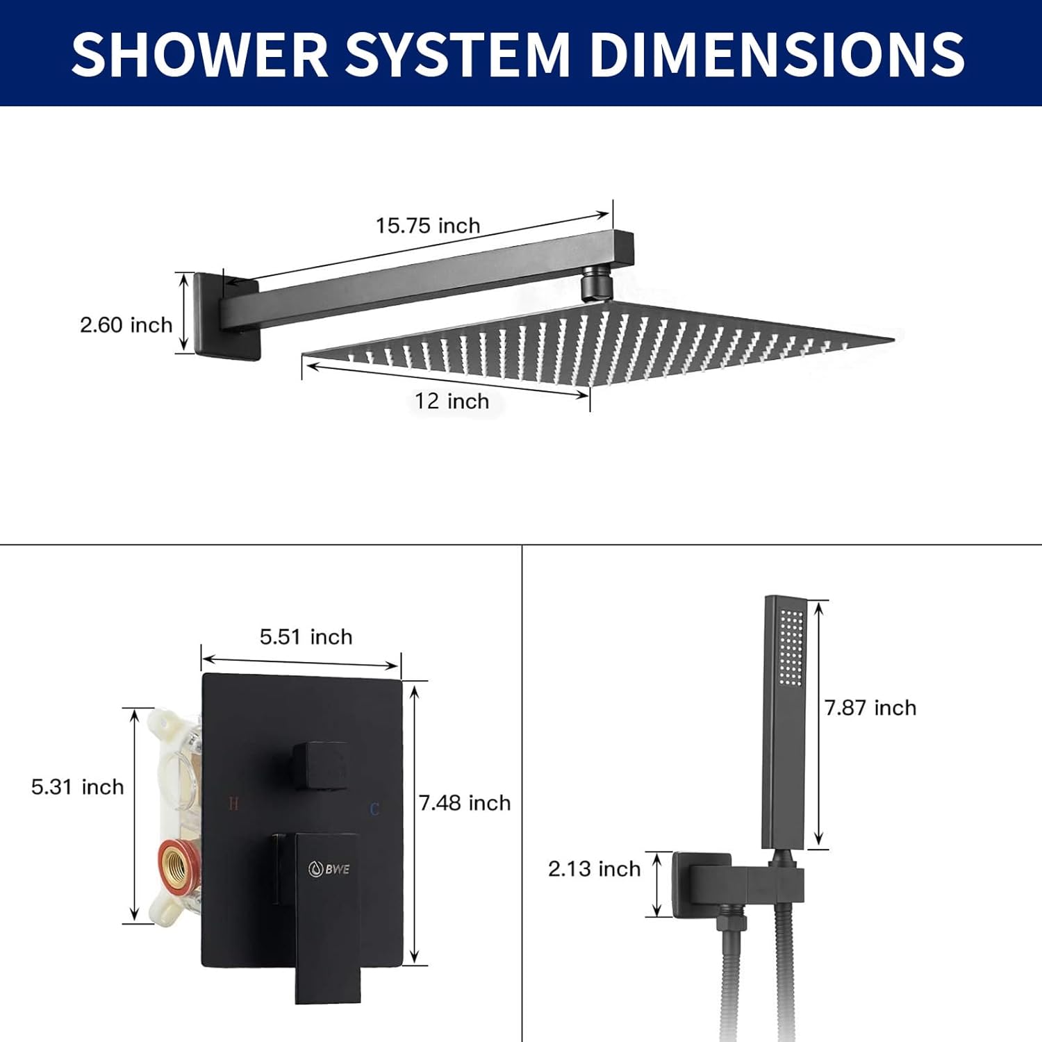 Diagram showing dimensions of the shower head, shower arm, control valve, and handheld shower head.