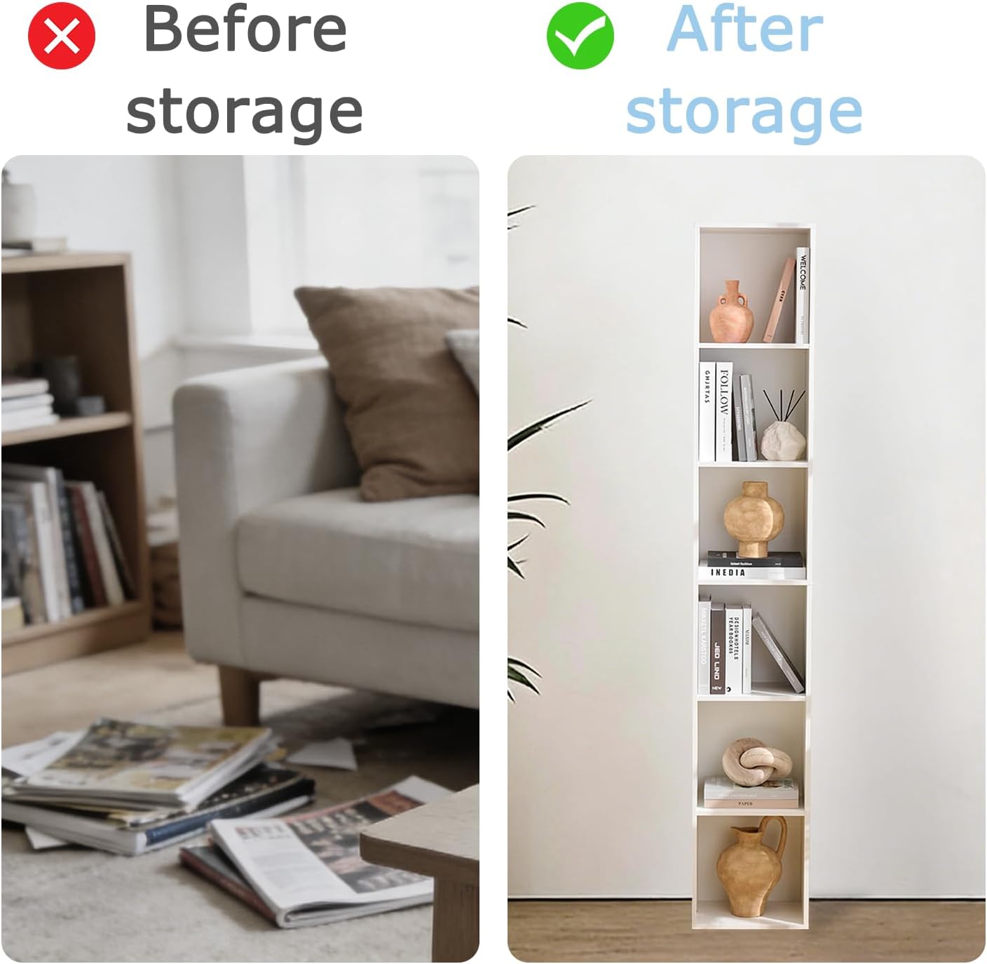 Tall Narrow Bookshelf, 5-Cube Wood Bookcase with Open Storage Shelf, 9.3 x 12 x 60 Inches, CD DVD Slim Storage Cabinet, for Small Space, Living Room, Home Office, White