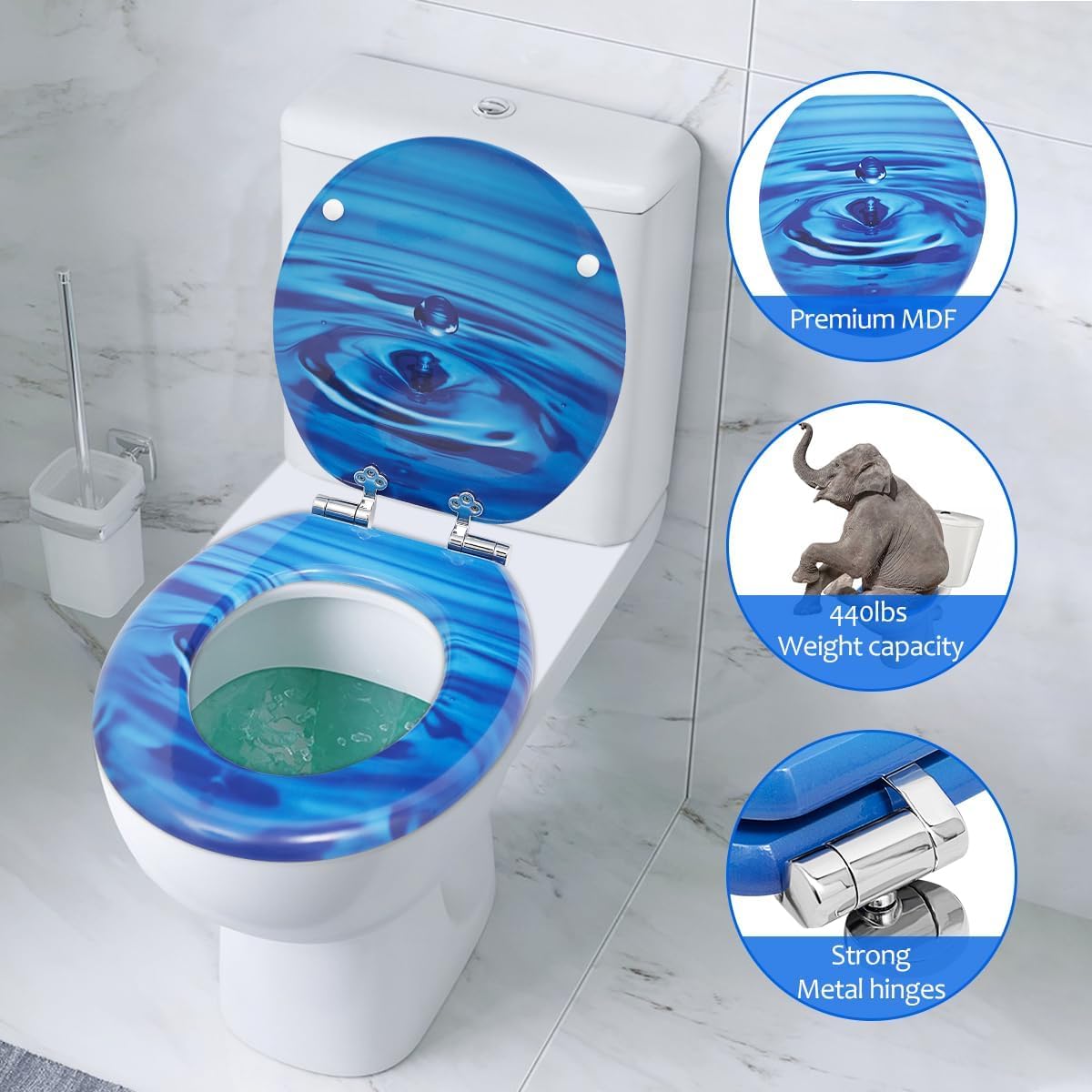 Elongated Toilet Seat, Slow Close Wooden Toilet Seat with Metal Hinges Soft Close Oblong Colored Decorative Toilet Seat, Easy to Clean and Install