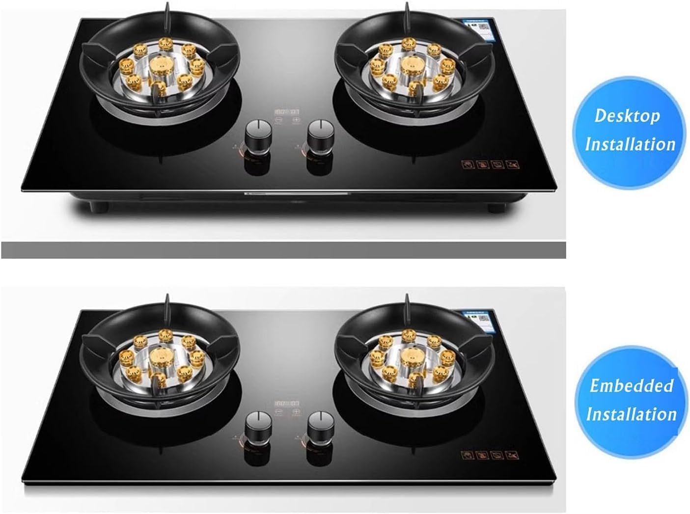 Gas Stove 2 Burners,Built-in Black Glass Gas Hob with Timer and Flame Failure Protection,NG/LPG Convertible,Desktop/Embedded Pulse Ignition(Lpg)
