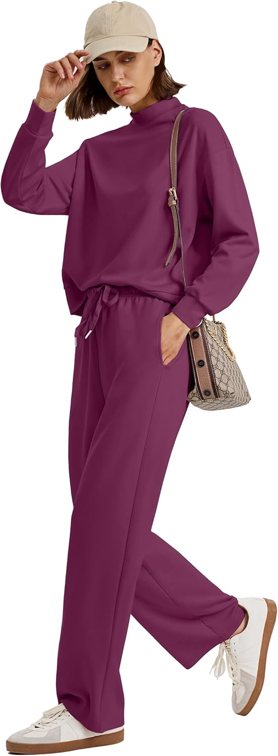 WIHOLL Two Piece Sets for Women Fall Outfits Lounge Sets Mock Neck Tops Wide Leg Pants Vacation Travel Airport Outfits - Image 3