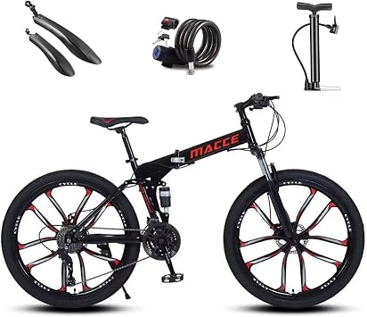 Folding Mountain Bike, Folding Bicycle, 26 inches, 21 Speed Shifter, City Riding, Commuting, Street Driving, Wild Crossing, School Commute, Mudguard Included, Wire Lock Included, Air Pump, Lightweight Aluminum Frame, Ultra Carbon Steel Frame, Front and Rear Disc Brakes, Front and Rear Fenders, Men, Women, Beginners