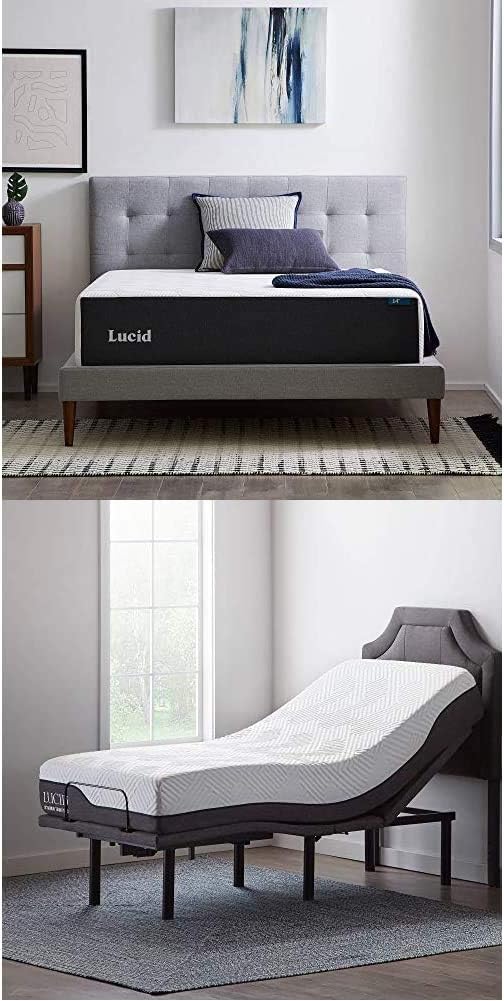 LUCID 14 Inch Split King Mattress L600 Adjustable Bed Base – Medium Gel Memory Foam Mattress – Bamboo Charcoal – CertiPUR Certified – Easy Assembly