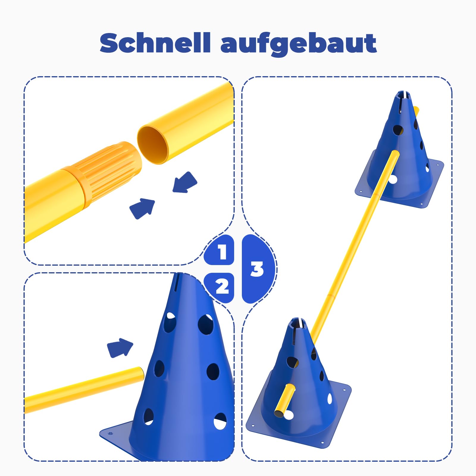 GHB Steckhürdenset Hobby Horsing 12 Kegel 18 Stangen, Agility Hürden Set Hunde, Fussball Trainingszubehör für Koordinationstraining mit Tragetasche