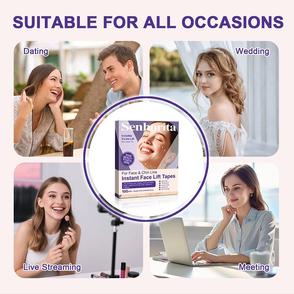 Face Lift Tape 100Pcs – Instant Face Lifting Tape, Invisible Strips to Hide Double Chin, Smooth Wrinkles & Lift Saggy Skin, Waterproof & Elastic