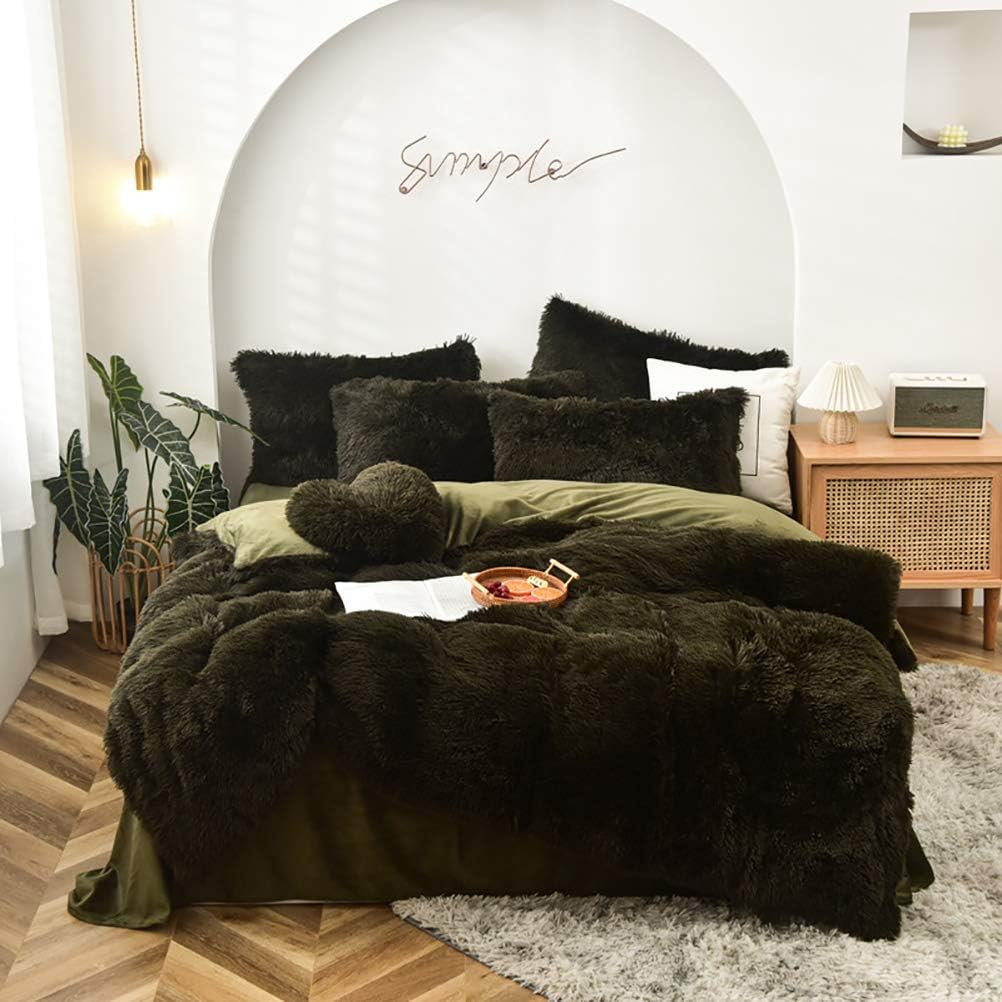 Plush Velvet Duvet Cover 4 Piece Set, Ultra Soft Mink Cashmere Bedding Comforter Cover Pillow Cases Winter Warm Flat Sheet Shaggy Bedspread Deep Red Twin