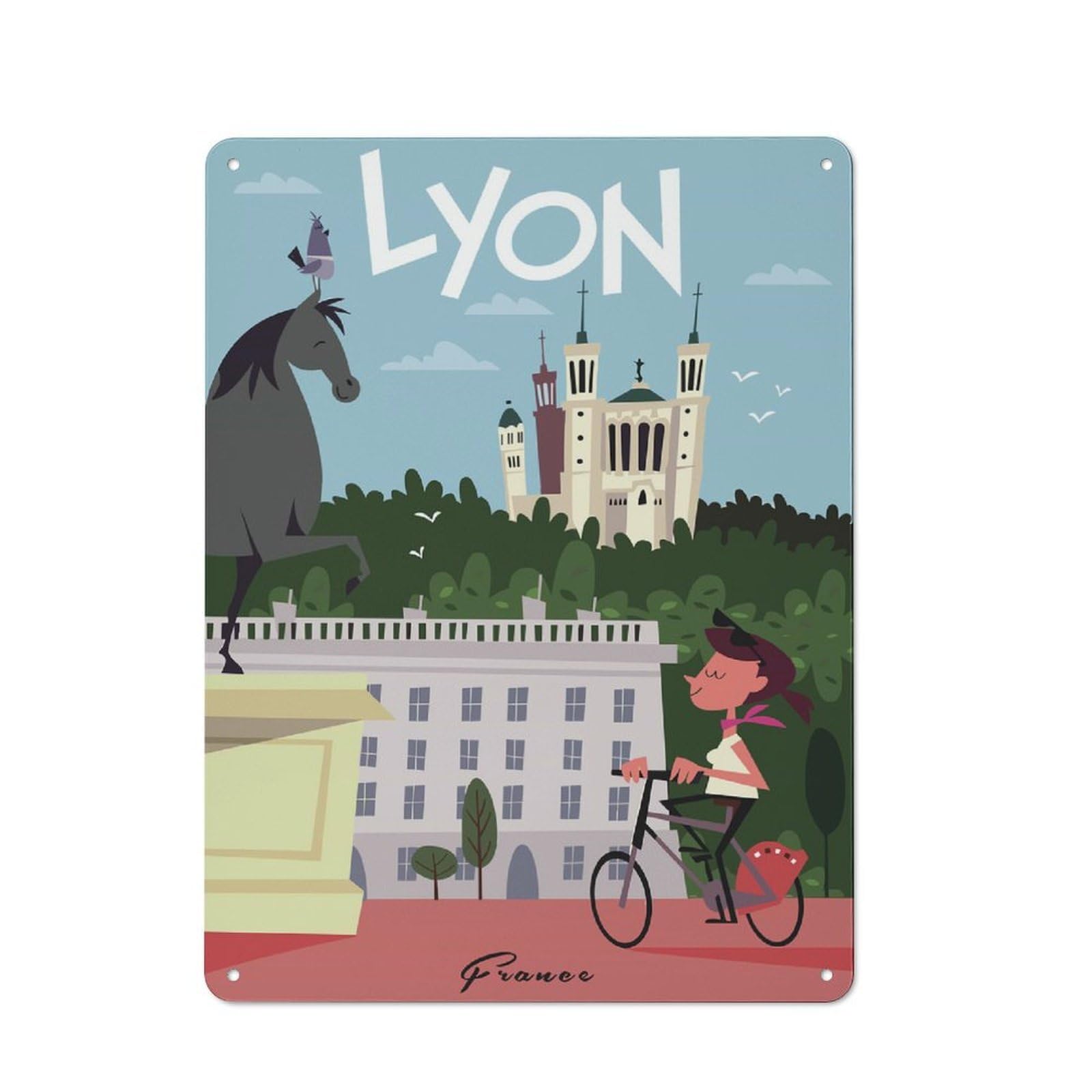 Junmoney Style-23 Metal Wall Plaque With Lyon, France Travel Design 40X30cm, Simple Retro Studio Wall Plaque For Hobby Room, Office, Lounge Or Living Room