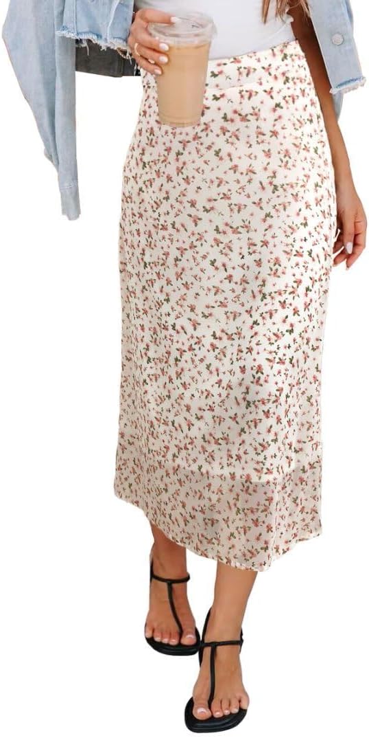 HERBATOMIA Women’s Floral Print Midi Skirt Casual High Elastic Waist Zipper Vintage Long Boho Skirts for Women