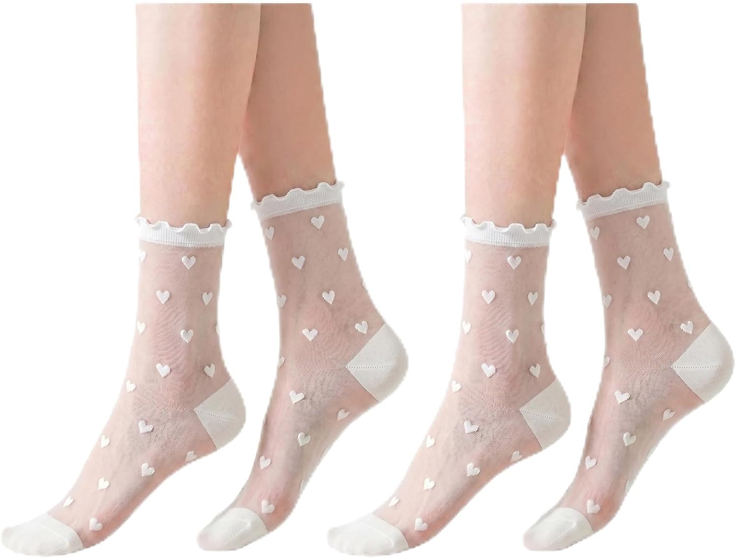 Women's Crystal Sheer Ruffle Lace Ankle Socks Heart Polka Dot Bows Mesh Thin Girls Frilly See Through Summer Socks
