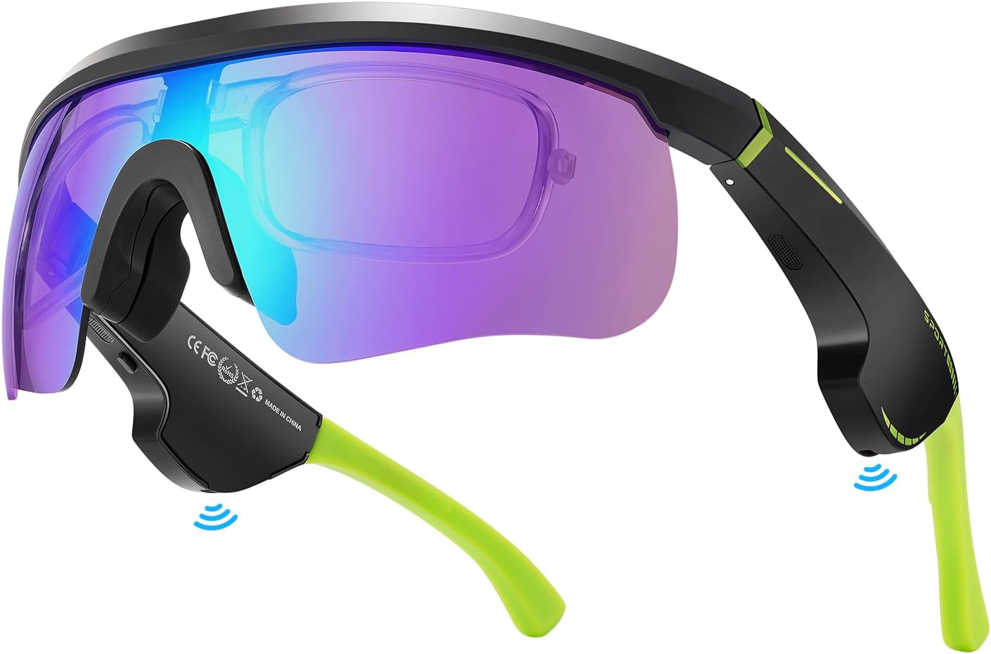 King Will Bluetooth Audio Glasses with Enhanced Microphone Silicone Sleeve, Lightweight Open Ear Safety Sport Sunglasses for Cycling, 8H Playtime, Water-Resistant & UV Protection, Black & Green