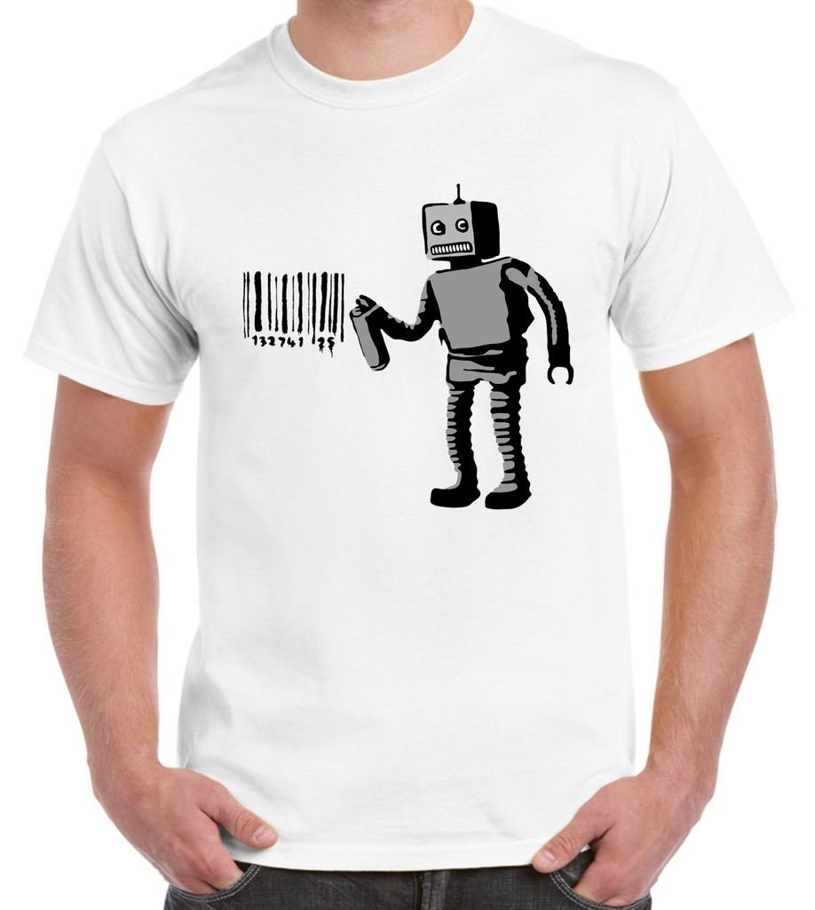 Tribal T-Shirts Men's White Banksy Robot Barcode T-Shirt (2Xl, )
