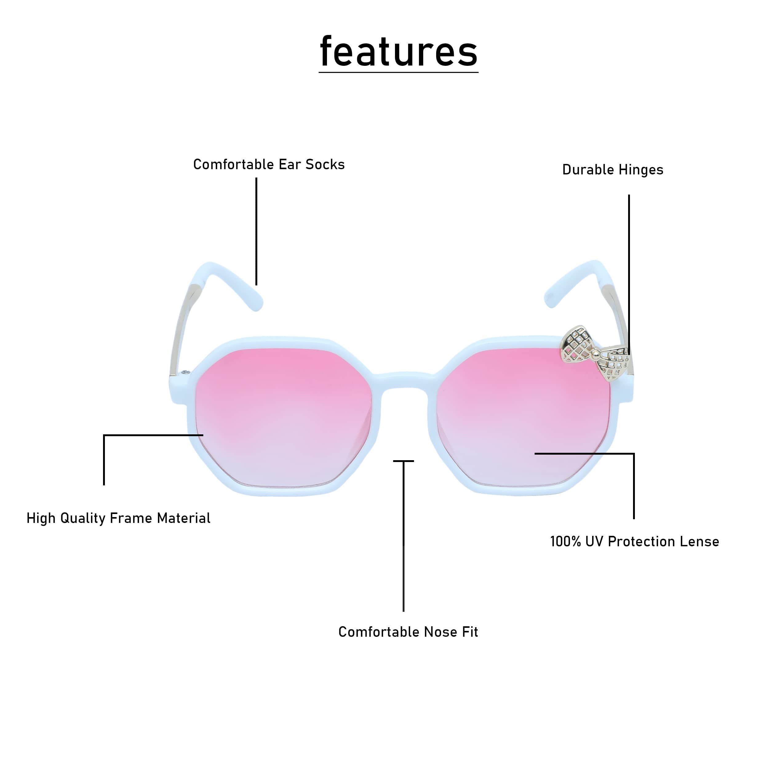 SPIKY Girls Hexagon Polarized Hexagonal Sunglasses With Protective Case White Frame, Pink Lens, Free Size - (Pack Of 1), White & Pink - Image 6 thumbnail