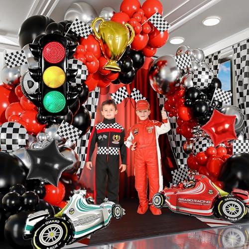 Image of Racing Theme Birthday Party Decoration Race Car Balloon Checkered Featuring Traffic Light Balloons Fast One Birthday Party Supplies