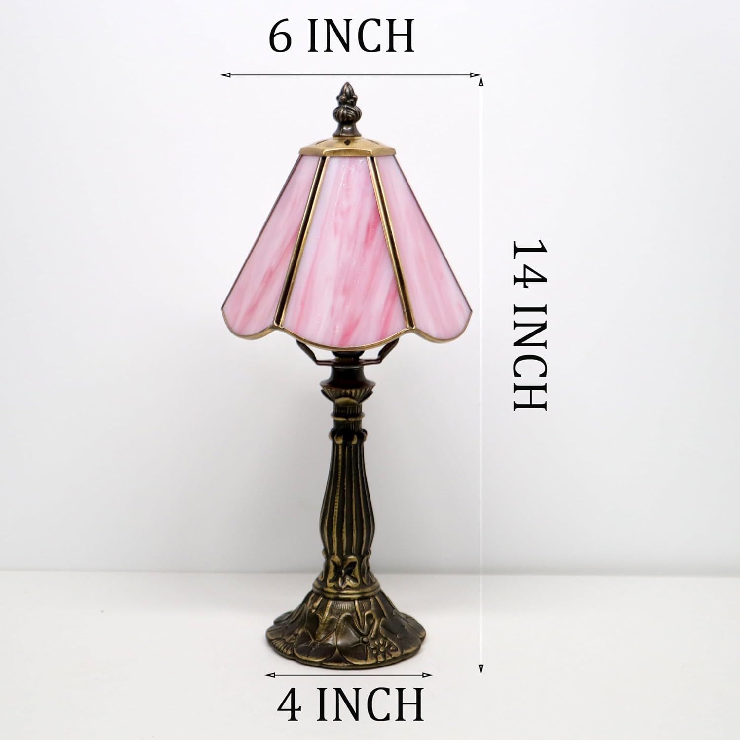 Small Tiffany Table Lamp Pink Stained Glass Desk Lamps 6X6X14 Inch Bronze Resin Base Antique Mini Accent Light