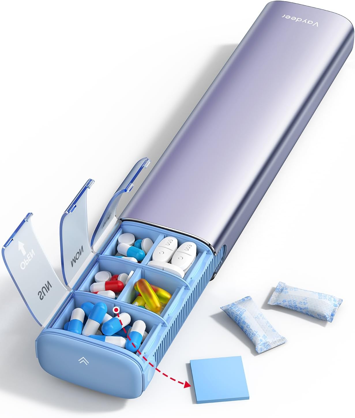 VAYDEER Metal Weekly Pill Organizer – Moisture-Proof Travel Pill Organizer with Built-in Desiccant Chamber and Airtight Lids – Large-Capacity Pill Box for Vitamins, Medicines & Supplements (Purple) Purple Large