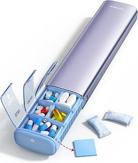 VAYDEER Metal Weekly Pill Organizer – Moisture-Proof Travel Pill Organizer with Built-in Desiccant Chamber and Airtight Lids – Large-Capacity Pill Box for Vitamins, Medicines & Supplements (Purple)