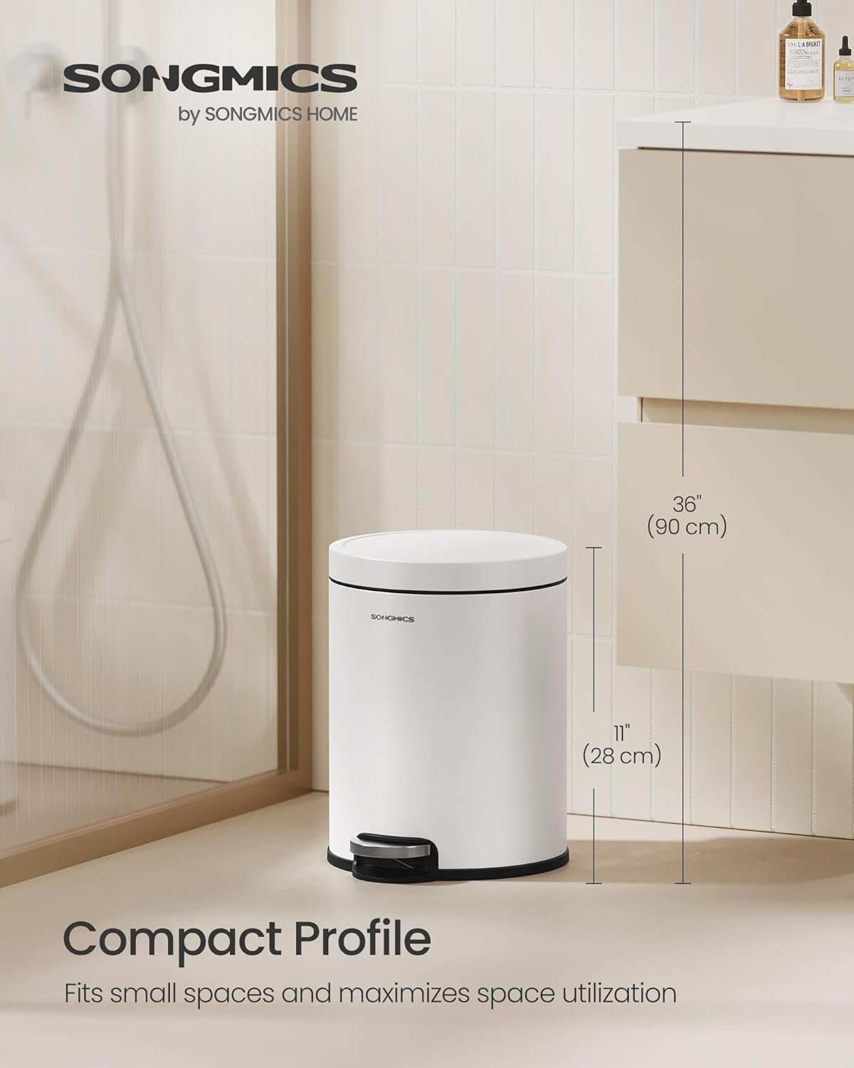 SONGMICS Bathroom Trash Can, 1.6 Gallon (6 L) Small Toilet Garbage Bin with Lid, Soft-Close, Stainless Steel, Pedal, Inner Bucket, Bedroom, Cloud White ULTB016WZ01