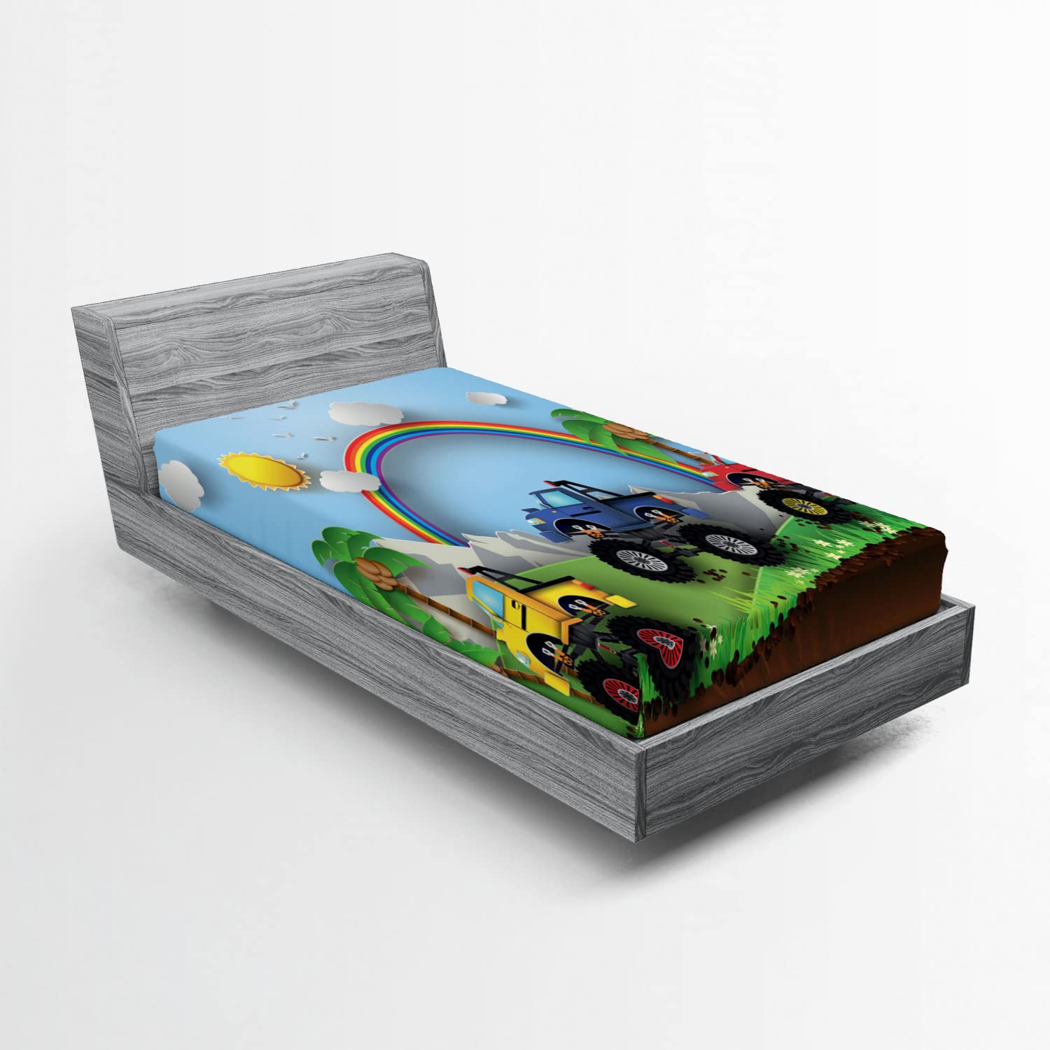 Ambesonne Monster Truck 2 Pack Fitted Sheet, S Trail Race, Bed Cover All-Round Elastic Deep Pockets 2 Pieces, Package Contains 2 Twin Size Fitted Sheets, Green Blue